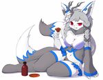  anthro boots breasts canine clothing drunk female fur grey_hair hair kemono long_hair mammal multiple_tails red_eyes solo unknown_artist white_fur wolf 