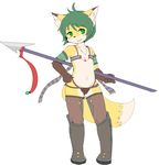  anthro armor blush boots canine clothing fantasy female fox fur green_eyes green_hair hair kemono mammal panties short_hair underwear unknown_artist yellow_fur 