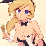  1girl animal_ears bare_shoulders black_bow black_bowtie black_hairband black_leotard blue_eyes bow bowtie buttoned_cuffs buttons champagne_flute closed_mouth cup detached_collar drinking_glass extra_arms fake_animal_ears fangs grabbing_another's_breast groping hairband highres holding holding_cup leotard looking_at_viewer meme nelly_(xyronii) original playboy_bunny pov_cheek_grabbing_(meme) rabbit_ears solo_focus wrist_cuffs xyronii yellow_background 