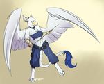  anthro avian beak clothed clothing female maim piercing solo sword weapon wings 