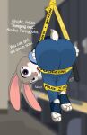 anthro barricade_tape big_butt blush bottomwear bound butt clothing dialogue disney dm29 english_text european_rabbit female judy_hopps lagomorph leporid locker_room looking_at_viewer looking_back mammal oryctolagus pink_nose police police_baton police_tape police_uniform purple_eyes rabbit scut_tail short_tail signature solo suspended_in_midair tail text tight_bottomwear tight_clothing uniform zootopia