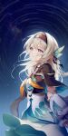  1girl black_jacket blush breasts cropped_jacket firefly_(honkai:_star_rail) green_skirt grey_hair hair_ornament hairband highres honkai:_star_rail honkai_(series) jacket long_hair long_sleeves medium_breasts neckerchief night night_sky orange_neckerchief purple_eyes rimuu shirt skirt sky smile solo white_shirt 