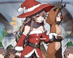  absurdres alternate_costume animal_costume antlers artist_name belt black_belt brown_hair christmas_lights commentary detached_sleeves dress elf_hat fake_antlers fake_facial_hair fake_mustache fur-trimmed_dress fur-trimmed_headwear fur-trimmed_sleeves fur_trim grey_hair hair_intakes hair_ornament hat herta_(honkai:_star_rail) highres holding_hands honkai:_star_rail honkai_(series) horns long_hair off-shoulder_dress off_shoulder pointy_ears purple_eyes purple_nails red_hat red_nose reindeer_antlers reindeer_costume santa_costume santa_dress santa_hat stelle_(honkai:_star_rail) the_herta_(honkai:_star_rail) trailblazer_(honkai:_star_rail) very_long_hair wokiiarts 
