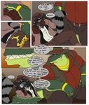  ... alligator angry anthro clothed clothing comic darkpenguin dialogue duo english_text facial_hair grin hair hat inside jewelry landon male mammal otis overweight raccoon red_eyes reptile scalie sharp_teeth smack smile teeth text yellow_eyes 