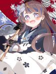  1girl absurdres anya_melfissa anya_melfissa_(new_year) black_gloves blue_hair blue_haori blue_kimono brown_hair earrings gloves hair_ornament haori happy highres holding holding_umbrella hololive hololive_indonesia japanese_clothes jewelry kanzashi kimono lace lace-trimmed_kimono lace_gloves lace_trim leaf_print long_hair looking_at_viewer maaru_(jatjem1vy6nok0o) maple_leaf_print multicolored_hair official_alternate_costume official_alternate_hairstyle oil-paper_umbrella open_mouth purple_eyes sakuramon snowflakes solo streaked_hair umbrella very_long_hair virtual_youtuber 