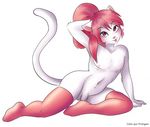  anthro artemis_tsukino balls cat feline flaccid fur girly hair humanoid_penis legwear lipstick long_hair male mammal modeling nipples nude penis pichigani pink_eyes pink_hair skidd smile solo white_fur 