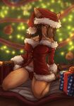 2024 blokfort breasts brown_body brown_eyes brown_fur brown_hair christmas christmas_clothing christmas_headwear christmas_lights christmas_tree clothing fur genitals gift hair hat headgear headwear hi_res holidays inside kangaroo kneeling looking_at_viewer macropod mammal marsupial panties plant pussy ruby_(comfycreations) santa_dress santa_hat tree underwear