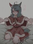  ... 1girl absurdres animal_ears barefoot blush capelet dress ear_covers fur-trimmed_capelet fur-trimmed_dress fur-trimmed_leg_warmers fur_trim grey_eyes grey_hair hair_between_eyes hair_ornament hairclip hat heart highres horse_ears horse_girl horse_tail hug_invitation leg_warmers looking_at_viewer medium_hair on_bed outstretched_arms parted_lips pom_pom_(clothes) red_dress red_leg_warmers red_ribbon ribbon romaji_commentary santa_dress santa_hat shironism single_ear_cover sitting smile solo speech_bubble spoken_ellipsis spoken_heart sugar_lights_(umamusume) sweatdrop tail umamusume wariza 