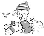  4chan beanie butt camel_toe clothed clothing english_text equine female feral football friendship_is_magic hair hat horse looking_back mammal monochrome my_little_pony pinkie_pie_(mlp) plain_background pony shorts solo starykrow text 