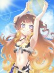  1girl anya_melfissa arms_up ball beachball bikini bikini_under_shorts blonde_hair brown_hair commentary_request contrail grin highleg highleg_bikini highres holding holding_ball hololive hololive_indonesia hololive_summer_2023_swimsuit kris_hair_ornament layered_bikini lens_flare long_hair looking_at_viewer maaru_(jatjem1vy6nok0o) multicolored_hair ocean official_alternate_costume purple_eyes smile solo striped_bikini striped_clothes sunlight swimsuit upper_body virtual_youtuber wavy_hair yellow_bikini 