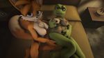  2015 3d anthro aroused blue_eyes breasts canine cgi chek crossgender female fox lagomorph looking_at_viewer mammal miles_prower multiple_tails nude raised_tail reptile scalie sega smile solo sonic_(series) source_filmmaker 