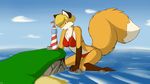  2015 anthro beach bikini blonde_hair blue_eyes breasts brown_fur canine cliff clothed clothing duo eye_contact female fluffy_tail fox fur hair lighthouse macro mammal orange_fur sea seaside size_difference solo_focus starfighter swimsuit wallpaper water white_fur 