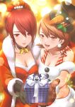  2girls bare_shoulders black_choker black_hat blurry blurry_background box breasts brown_eyes brown_hair choker christmas christmas_present city_lights cleavage closed_mouth coat collarbone crop_top dress earrings english_commentary flipped_hair fur-trimmed_coat fur-trimmed_dress fur_trim gift gift_box hair_between_eyes hat hat_ornament highres holding holding_gift holly_hat_ornament jack_frost_(megami_tensei) jewelry kirijou_mitsuru light_blush light_particles long_hair looking_at_viewer masatoshi_1219 medium_breasts midriff multiple_girls off-shoulder_shirt off_shoulder official_alternate_costume open_clothes open_coat open_mouth persona persona_3 persona_3:_dancing_moon_night persona_dancing pink_lips pom_pom_(clothes) pom_pom_earrings pov red_coat red_dress red_eyes red_hair santa_dress shirt short_hair skirt takeba_yukari upper_body white_shirt white_skirt 
