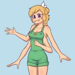  1girl bare_shoulders blonde_hair blue_background blush breasts cleavage closed_mouth commentary cowboy_shot english_commentary extra_arms fangs highres long_hair looking_at_viewer nelly_(xyronii) onesie original solo xyronii 