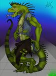  2015 anthro blush bulge claws clothing drooling iguana lizard mail male muscles reptile saliva scalie solo splyced teeth text tongue torn_clothing transformation 