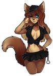  2015 anthro brown_fur brown_hair canine cleavage clothed clothing cuffs cyan_eyes female fishnet fox fur hair looking_at_viewer mammal skirt smile solo xenthyl 