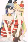 2girls alternate_costume animal_ears bare_shoulders bell bow bowtie brown_hair detached_collar dress elbow_gloves extra_ears ezo_red_fox_(kemono_friends) fox_ears fox_girl fox_tail frilled_gloves frills fur_collar fur_trim gloves gradient_hair grey_hair hair_between_eyes hat highres kamisamanosaba kemono_friends kneeling long_hair looking_at_viewer looking_back mini_hat mini_santa_hat multicolored_hair multiple_girls neck_bell orange_eyes orange_hair pantyhose plaid_clothes plaid_dress red_bow red_bowtie red_dress santa_costume santa_dress santa_hat sidelocks silver_fox_(kemono_friends) sleeveless smile tail white_fur white_gloves white_pantyhose 
