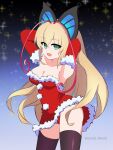  1girl alkalinedd antenna_hair azure_striker_gunvolt bare_shoulders black_thighhighs blonde_hair blurry blurry_background breasts butterfly_hair_ornament christmas cleavage cowboy_shot detached_sleeves dress fur-trimmed_dress fur_trim gradient_background hair_ornament hat high_ponytail highres large_breasts long_hair lumen_(gunvolt) multicolored_hair panties pink_hair red_dress red_panties red_sleeves santa_dress santa_hat solo strapless strapless_dress thighhighs two-tone_hair underwear 