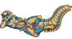  2014 anthro balls blue_eyes blue_scales capcom erection fanged_wyvern fur hair looking_at_viewer lying male monster_hunter nude penis pinup plain_background pose shapeshifterprincess solo thick_tail video_games white_background zinogre 