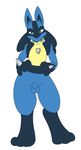  anthro balls blue_fur canine front_view frown fully_sheathed fur green_eyes hands_on_hips looking_at_viewer lucario male mammal mrpandapants nintendo pok&eacute;mon sheath solo spikes video_games yellow_fur 