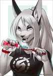  anthro big_ears black_nails bracelet breasts clothed clothing fangs feline female hair jewelry long_hair mammal melloque metroid plain_background ponytail sabertooth shirt simple_background smirk snow_(snowier) solo teeth toothbrush toothpaste white_eyes white_hair 