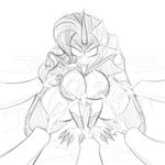  2015 animal_genitalia anthro anthrofied areola armor black_and_white breasts bukkake claws cleavage clothed clothing cum cum_on_breasts cum_on_face disembodied_penis equine female friendship_is_magic group hair horn horsecock jrvanesbroek kneeling long_hair looking_at_viewer male mammal monochrome my_little_pony nightmare_rarity_(mlp) penis sketch slit_pupils solo_focus tongue tongue_out unicorn 