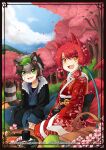  1boy 1girl animal_ear_fluff animal_ears bento blanket brown_hair cherry_blossoms commentary deviantart_username english_commentary falling_petals fang food fox_ears fox_girl fox_tail green_eyes green_tea grey_hair hair_between_eyes hair_ornament hanami highres japanese_clothes kimono kitsune leaf leaf_on_head long_sleeves multicolored_hair multiple_tails open_mouth original outdoors petals picnic picnic_basket raccoon_boy raccoon_ears raccoon_tail red_kimono sandragh short_hair sitting smile spring_(season) tail tanuki tea tree tumblr_username yellow_eyes 