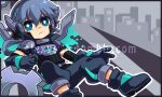  1boy aqua_trim black_shirt blue_eyes blue_footwear blue_gloves commentary english_commentary frown full_body gears gloves grey_background grey_hair looking_at_viewer male_focus original sandragh shirt short_hair short_sleeves simple_background solo watermark 