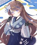  1girl anya_melfissa anya_melfissa_(new_year) black_gloves blue_hair blue_hakama blue_kimono brown_hair cowboy_shot egasumi falling_petals gloves grey_haori hair_ornament hakama highres hololive hololive_indonesia japanese_clothes kanzashi kimono lace lace-trimmed_kimono lace_gloves lace_trim light_blush long_hair long_sleeves looking_at_viewer maaru_(jatjem1vy6nok0o) multicolored_hair official_alternate_costume official_alternate_hairstyle petals pink_petals purple_eyes sakuramon seigaiha smile solo streaked_hair very_long_hair virtual_youtuber wide_sleeves 