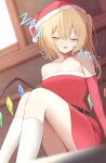  1girl absurdres alternate_costume bare_shoulders belt black_belt blonde_hair blue_wings blush breasts brown_wings cleavage closed_eyes collarbone commentary_request crystal_wings detached_sleeves dress drooling dutch_angle eyelashes feet_out_of_frame flandre_scarlet fur-trimmed_dress fur-trimmed_headwear fur-trimmed_sleeves fur_trim green_wings hat highres indoors kneehighs long_hair long_sleeves mouth_drool multicolored_wings one_side_up open_mouth panties pom_pom_(clothes) red_dress red_hat red_wings santa_costume santa_dress santa_hat sitting skindentation sleeping small_breasts socks solo strapless strapless_dress szl touhou translation_request underwear variant_set white_panties white_socks wings yellow_wings 