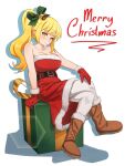  1girl absurdres bare_shoulders bell belt blonde_hair blush boots box breasts brown_footwear christmas christmas_present cleavage collarbone commentary dress english_commentary english_text gift gloves green_ribbon hair_bell hair_ornament hair_ribbon hand_on_own_knee highres kiss-shot_acerola-orion_heart-under-blade large_breasts long_hair looking_at_viewer merry_christmas monogatari_(series) on_box oshino_shinobu pantyhose ponytail red_dress red_gloves ribbon ricman_rt santa_dress santa_gloves sitting sitting_on_box smile solo strapless strapless_dress white_pantyhose yellow_eyes 