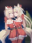  2girls absurdres alternate_costume animal_ears asymmetrical_docking bandaid bandaid_hair_ornament bell belt black_belt blonde_hair blue_eyes blue_hair bow breast_press breasts choker dog_ears dog_girl dog_tail dress fang fur-trimmed_dress fur_trim fuwawa_abyssgard gloves hair_bow hair_ornament hairpin highres hololive hololive_english jingle_bell large_breasts linhcoris long_hair mococo_abyssgard multicolored_hair multiple_girls neck_bell open_mouth pink_hair red_bow red_choker red_dress red_eyes red_gloves red_thighhighs santa_costume santa_dress short_hair siblings sisters skin_fang small_breasts smile streaked_hair tail thighhighs twins two_side_up very_long_hair virtual_youtuber 