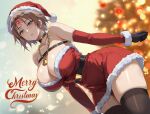  1girl akitsu_(sekirei) bare_shoulders black_gloves black_thighhighs blue_eyes blurry blurry_background blush breasts brown_hair christmas christmas_tree cleavage cowboy_shot detached_sleeves dress facial_mark forehead_mark gloves hat highres lainart large_breasts merry_christmas red_dress red_sleeves santa_costume santa_dress santa_hat sekirei short_hair skindentation solo strapless strapless_dress thighhighs 