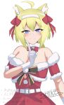  1girl ahoge amano_soraha animal_ear_fluff animal_ears arm_at_side artist_name assault_lily bare_shoulders bell belt belt_buckle black_bow blonde_hair blue_eyes blush bow bowtie breasts buckle cat_ears cleavage closed_mouth collar collarbone commentary_request dated detached_sleeves dress dress_bow finger_to_cheek fur-trimmed_sleeves fur_collar fur_trim gloves hair_between_eyes hair_bow hairband hand_up ishitsuma_canon jingle_bell kemonomimi_mode large_breasts long_hair looking_at_viewer low_ponytail neck_bell pom_pom_(clothes) ponytail red_bow red_bowtie red_dress santa_dress short_sleeves simple_background smile solo standing strapless strapless_dress two-tone_bow upper_body watermark white_background white_belt white_collar white_gloves white_hairband yellow_bow 