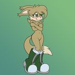  anthro blush boots breasts covering fan_character felicity female green_eyes nude plain_background pussy solo standing zeiramzero 