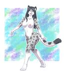  2015 4_toes 5_fingers abstract_background anthro breasts comfycushion dickgirl digitigrade feline fully_sheathed fur green_eyes grey_fur grey_hair hair intersex kylara_vatta leopard long_hair mammal navel nipples nude open_mouth sheath snow_leopard solo spots spotted_fur standing texture_background toes 