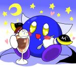 2016 alien blue_body blush bodily_fluids cape clothing crescent_moon cutlery dessert drooling food gradient_background happy heart_symbol japanese_description kirby_(series) kitchen_utensils male meta_knight moon nintendo not_furry parfait_(dessert) pixiv_id_14796165 saliva simple_background solo spoon star tools waddling_head yellow_eyes