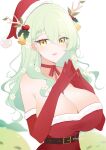  1girl absurdres antlers bare_shoulders blurry blurry_background breasts ceres_fauna cleavage dress gloves green_hair hat highres hololive hololive_english horns large_breasts long_hair red_dress red_gloves red_hat santa_dress santa_hat sapling_(ceres_fauna) simple_background solo_focus strapless strapless_dress upper_body usagisii virtual_youtuber white_background yellow_eyes 