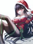  1girl alternate_costume black_hair black_pantyhose blue_archive bright_pupils dress elbow_gloves gloves hair_ornament hairclip hairpin halo hat highres leg_up luzi pantyhose red_eyes red_gloves red_ribbon ribbon rio_(blue_archive) santa_dress santa_hat sitting solo white_background white_pupils 