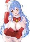  1girl absurdres adjusting_clothes adjusting_headwear ahoge bare_shoulders blue_hair blush breasts cleavage cowboy_shot dress garter_straps hat heart heart_ahoge highres hololive huge_breasts open_mouth pointy_ears red_dress red_hat santa_costume santa_dress santa_hat simple_background solo thighhighs uehiro virtual_youtuber white_background white_thighhighs yellow_eyes yukihana_lamy 