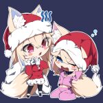  2girls alternate_costume animal_ear_fluff animal_ears aobara_hairi blonde_hair blue_eyes blue_hair blush_stickers breasts chibi commentary dog_ears dog_girl dog_tail dress fur-trimmed_dress fur_trim fuwawa_abyssgard hat holding holding_sack hololive hololive_english long_hair mococo_abyssgard multiple_girls one_eye_closed open_mouth pants pink_hair pink_pants pink_shirt red_dress red_eyes red_hat sack santa_costume santa_dress santa_hat shirt short_hair siblings sisters tail twins very_long_hair virtual_youtuber waking_up 