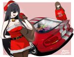  2girls arm_behind_back asamiya_mariko_(holeecrab) averting_eyes bell belt black_belt black_choker black_hair border breasts brown_hair car choker cleavage closed_eyes closed_mouth commentary dodge_viper dress english_commentary facing_viewer gift gloves grey_eyes hat highres holding holding_sack holeecrab long_hair long_sleeves medium_breasts merry_christmas morisaki_sayaka motor_vehicle multiple_girls neck_bell open_mouth original pantyhose print_sweater red_dress red_gloves red_hat red_sweater sack santa_dress santa_hat simple_background sports_car strapless strapless_dress sweater teeth tube_dress upper_teeth_only white_border 