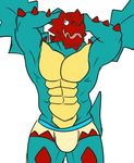 abs biceps boxers bulge bulky clothing dragon druddigon flexing looking_at_viewer male muscles nintendo open_mouth pecs plain_background pok&eacute;mon pose reptile scalie solo spikes underwear video_games white_background wings 