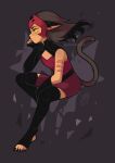  1girl animal_ears black_thighhighs brown_hair cat_ears cat_girl cat_tail catra commentary dark-skinned_female dark_skin dated english_commentary fingerless_gloves fingernails freckles gloves hand_on_own_face highres long_hair looking_to_the_side sandragh sharp_fingernails sharp_toenails she-ra_and_the_princesses_of_power signature simple_background slit_pupils solo striped_skin tail thighhighs toenails watermark yellow_eyes 