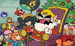  4boys 5-volt 6+girls 9-volt ana_(warioware) ashley_(warioware) black_hair brown_hair character_request child christmas christmas_present christmas_tree crossover crowd english_commentary gift highres imagining kat_(warioware) kevin_arthur meteor mother_(series) mother_2 multiple_boys multiple_girls ness_(mother_2) orange_hair pink_hair red_(warioware) santa_costume sitting throne twintails wario warioware 