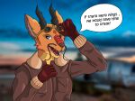 2023 anthro aviator_glasses aviator_jacket blen4k blue_eyes dragon eastern_dragon english_text eyewear fur glasses hi_res horn male mythological_creature mythological_scalie mythology orange_body scalie simple_background solo text