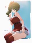 1girl absurdres belt black_belt bow christmas dress edgar_syu green_hair hair_between_eyes hair_bow highres panties purple_eyes red_thighhighs santa_dress side_ponytail sitting smile solo sousou_no_frieren thighhighs ubel_(sousou_no_frieren) underwear v white_panties 