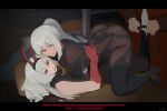  1boy 2girls absurdres animal_ears ass asymmetrical_docking bare_shoulders belt black_bodysuit black_pants body_armor bodysuit boots breast_press breasts coat commander_(girls&#039;_frontline) dark-skinned_female dark_skin english_text fake_animal_ears girls&#039;_frontline_2:_exilium grey_hair griffin_&amp;_kryuger_military_uniform hair_between_eyes high_heel_boots high_heels highres holding holding_belt hug imminent_penetration krolik_(girls&#039;_frontline_2) large_breasts letterboxed long_hair long_sleeves looking_at_another looking_at_viewer looking_to_the_side lying mechanical_ears multiple_girls nemesis_(girls&#039;_frontline_2) nishibuya official_alternate_costume on_back open_fly open_mouth pants pillow playboy_bunny ponytail purple_eyes rabbit_ears red_coat red_eyes tactical_clothes tactical_playboy_bunny teeth top-down_bottom-up twitter_username upper_teeth_only 
