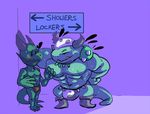  anthro blush bulge duo english_text green_skin helmet kobold licking licking_lips lizard male muscles reptile scalie sweat text tongue tongue_out towergirls unknown_artist 