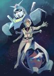  1boy 1girl absurdres amuro_ray bird brown_eyes brown_hair character_request commentary gloves green_eyes gundam helmet highres mecha mobile_suit_gundam reflection robot rx-78-2 space space_helmet tomato_ketchup white_gloves 